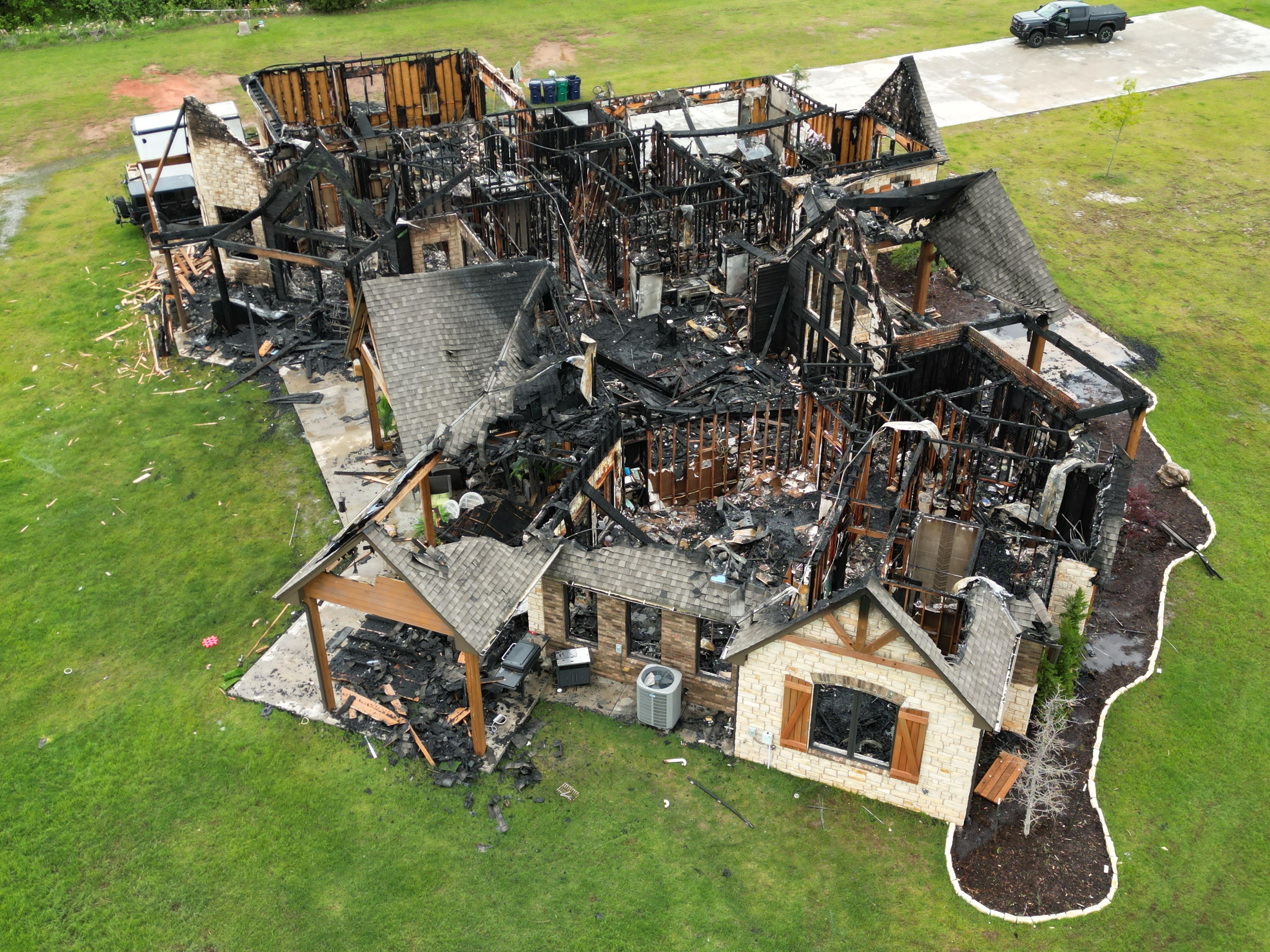 House fire aftermath aerial view